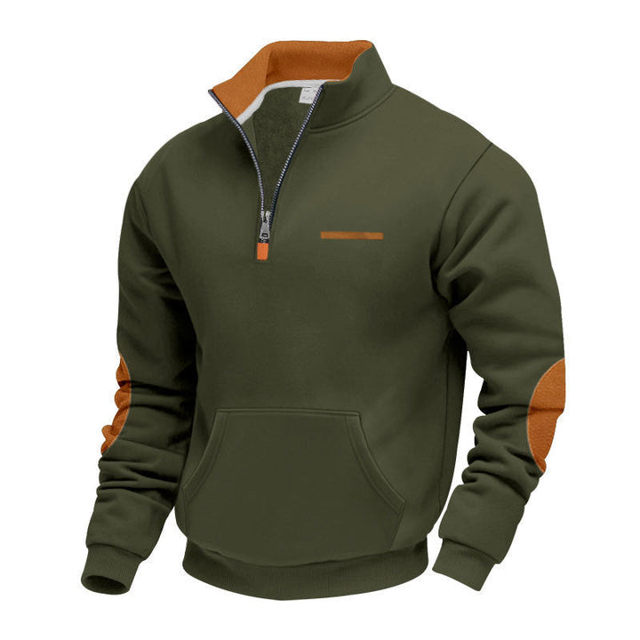 Męska krótki zamek bluza z Stójka, kieszeń kangurka, i elbow patches