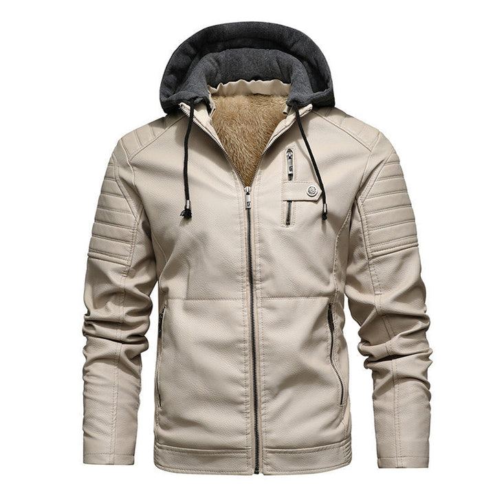 Męski Imitacja skóry Hoodie Blouson z Teddy Podszewka, Pikowany Rękaw Yoke i Kaptur Layer