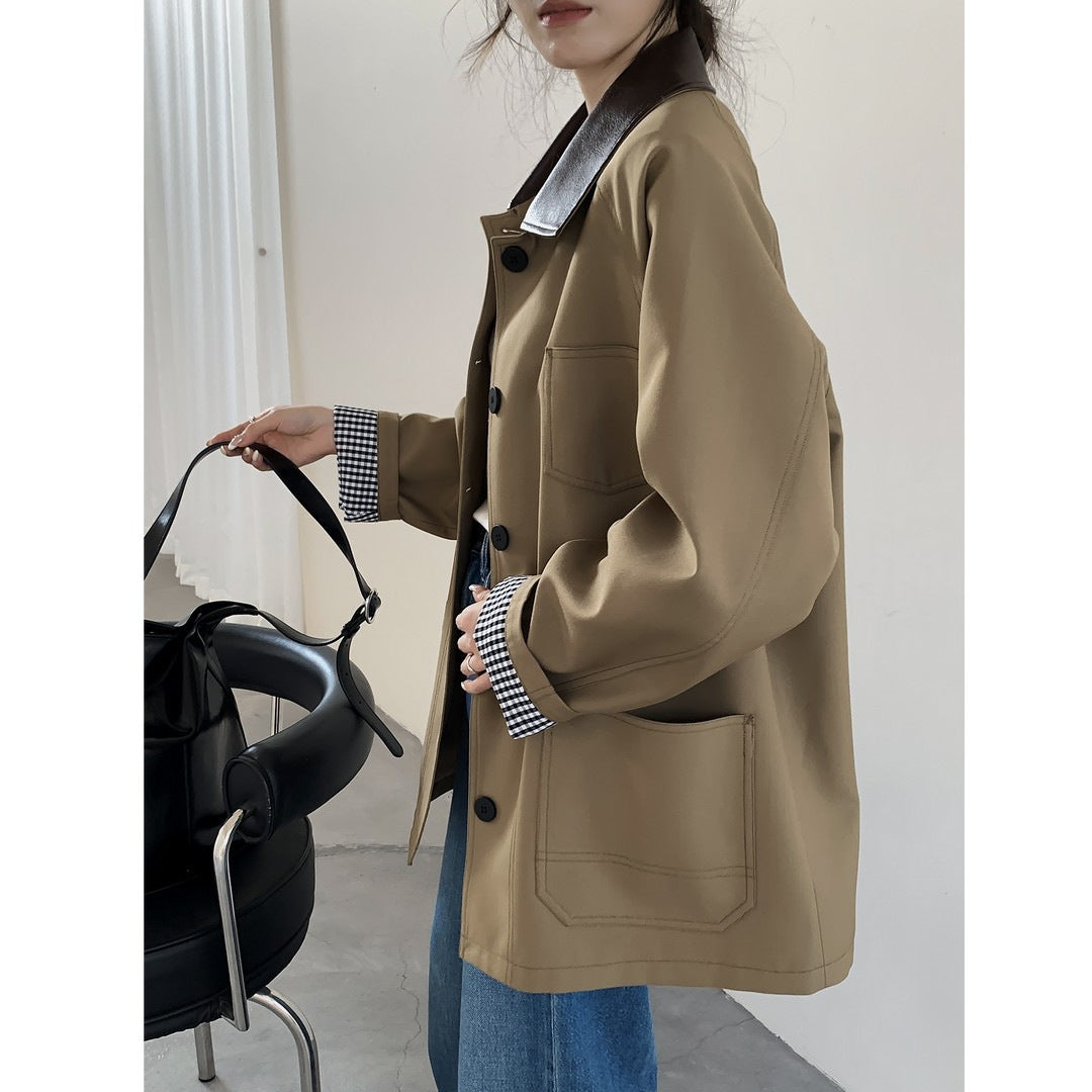 Damska oversize krótka kurtka in Trench styl z Leather-Look kołnierzem i Checked Cuffs Lumaza
