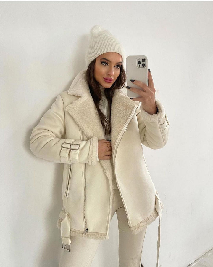 Damska oversize imitacja skóry Pilot kurtka z Teddy Fur Lining i Buckles Lumaza