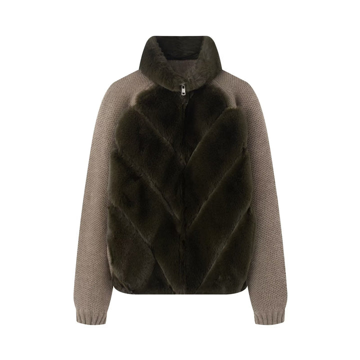 Damska krótka kurtka z Faux Fur Insert, Chunky dzianinowa rękawami i ze stójką Lumaza