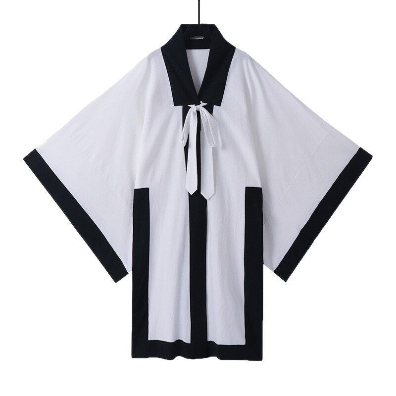Unisex oversize kimono-kardigan z kontrastowy trim, wiązanym paskiem i z naszywanymi kieszeniami Lumaza