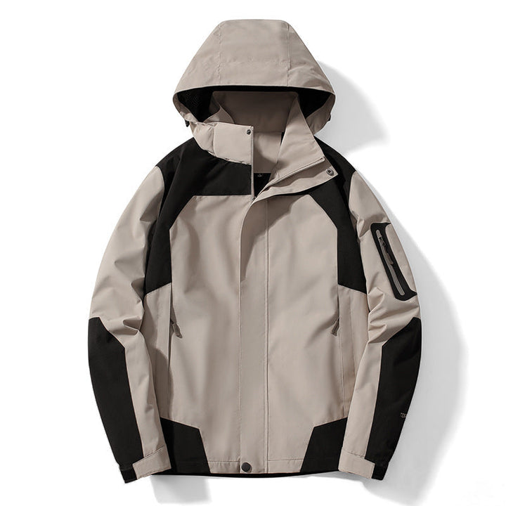 Męska technical softshell kapturemed kurtka z kontrastowy panels i zamkiemed rękaw kieszenią