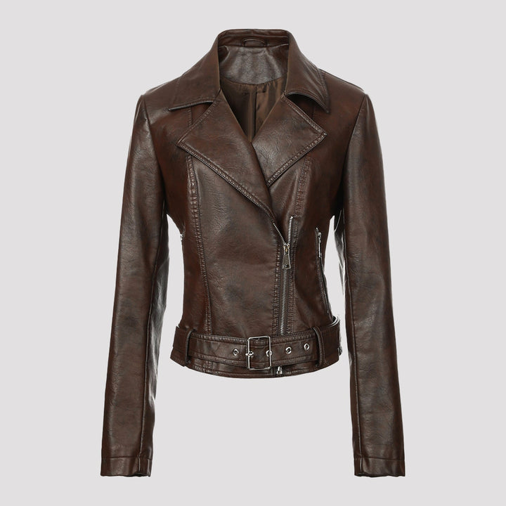 Damska krótka taliowana leather biker kurtka z waist paskiem i asymmetrical zamkiem błyskawicznym Lumaza