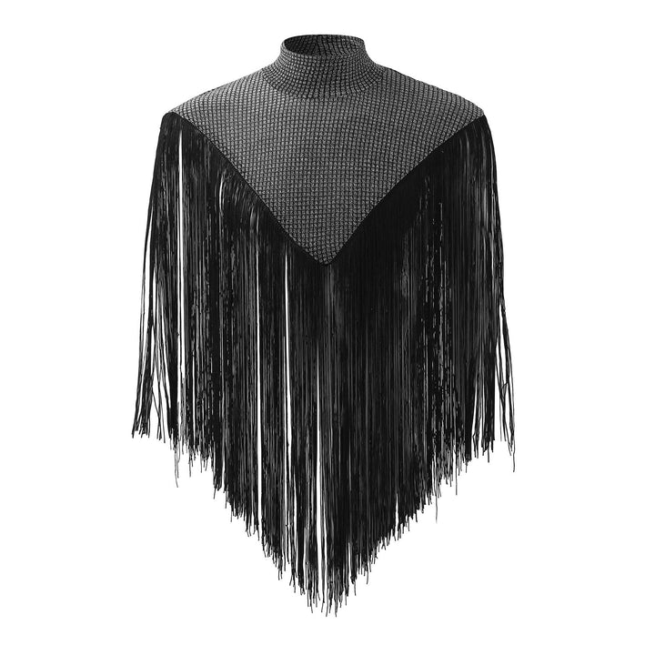 Damska długa z frędzlami cape z turtleneck i V-shaped wpuszczany