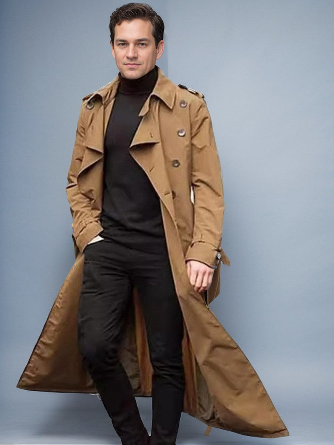 Męski Wodoodporny Długi Trench Płaszcz z Double Guzik Placket, Ramienny Pagony, i Regulowany Waist Belt