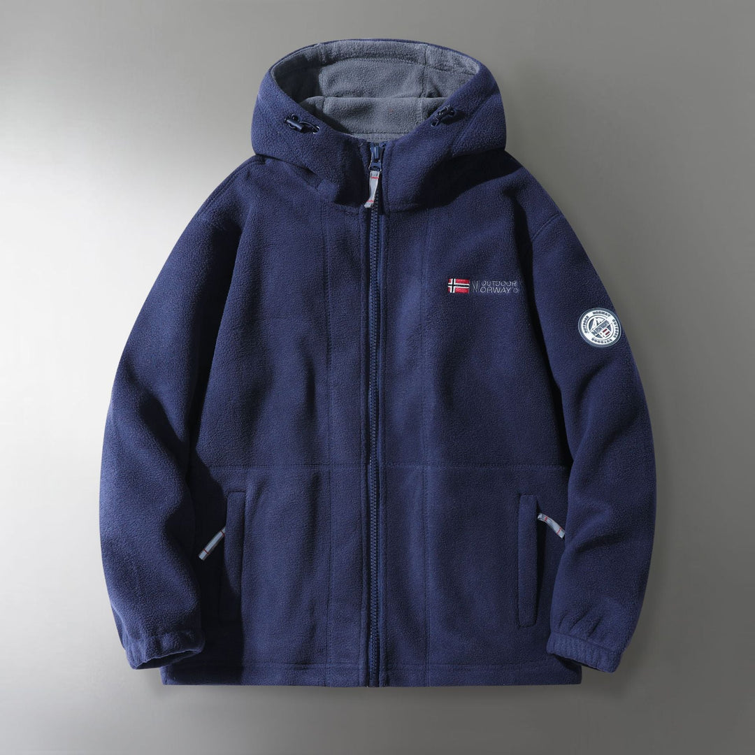 Męski microfleece outdoorowy kurtka z kaptur, wind-resistant structure i logo naszywany