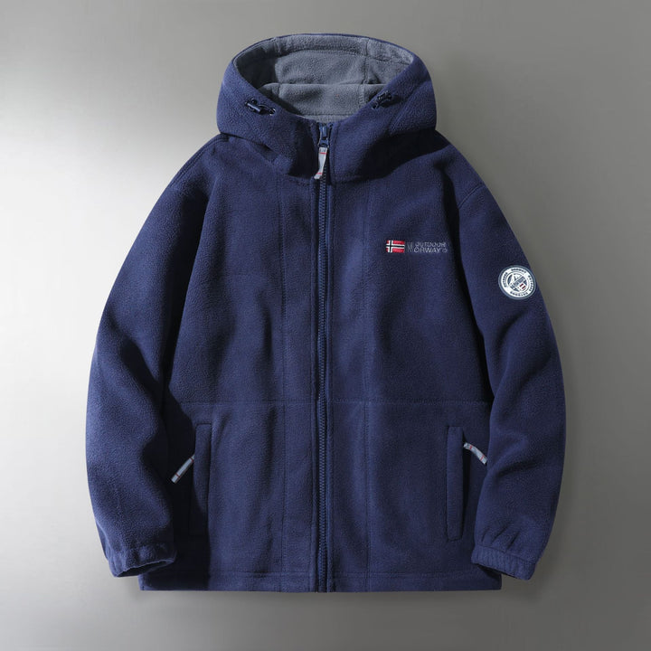 Męski microfleece outdoorowy kurtka z kaptur, wind-resistant structure i logo naszywany