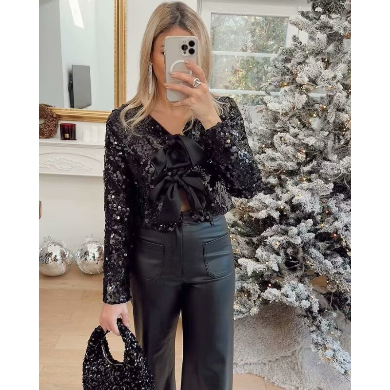 Damska krótka Sequin Bolero kurtka z Triple satynowa Bows i Lined Interior Lumaza