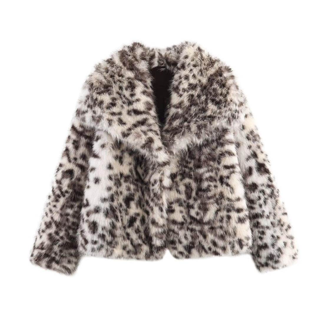 Damska krótka Faux Fur kurtka z Leopard Print Lumaza