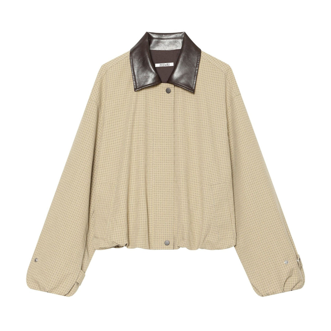 Damska Oversize Boxy Kurtka z Wzór w kratę, Imitacja skóry Lapel i Ściągacz Dół