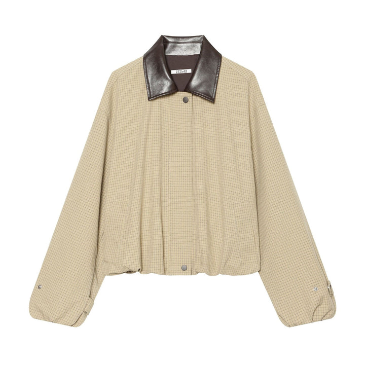 Damska Oversize Boxy Kurtka z Wzór w kratę, Imitacja skóry Lapel i Ściągacz Dół