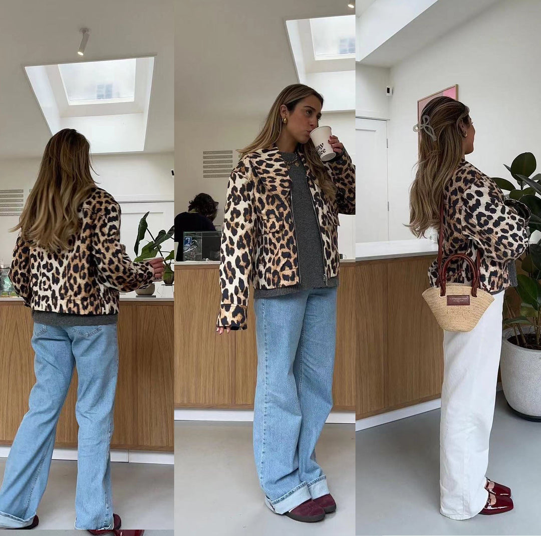 Damska krótka Field kurtka in Leopard Pattern z Wide Lapels i klapką kieszeniami Lumaza