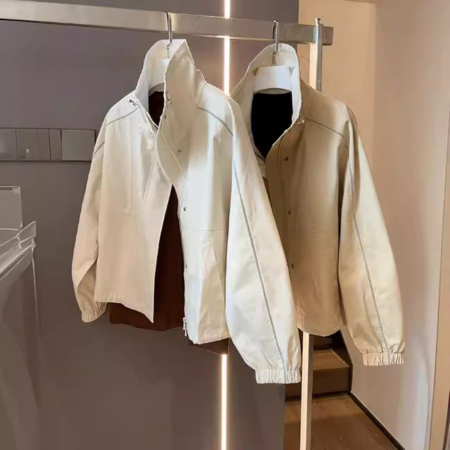 Damska lekka Overshirt kurtka z ze stójką, Snap guzikami Closure &amp; kontrastowy Stitching Lumaza