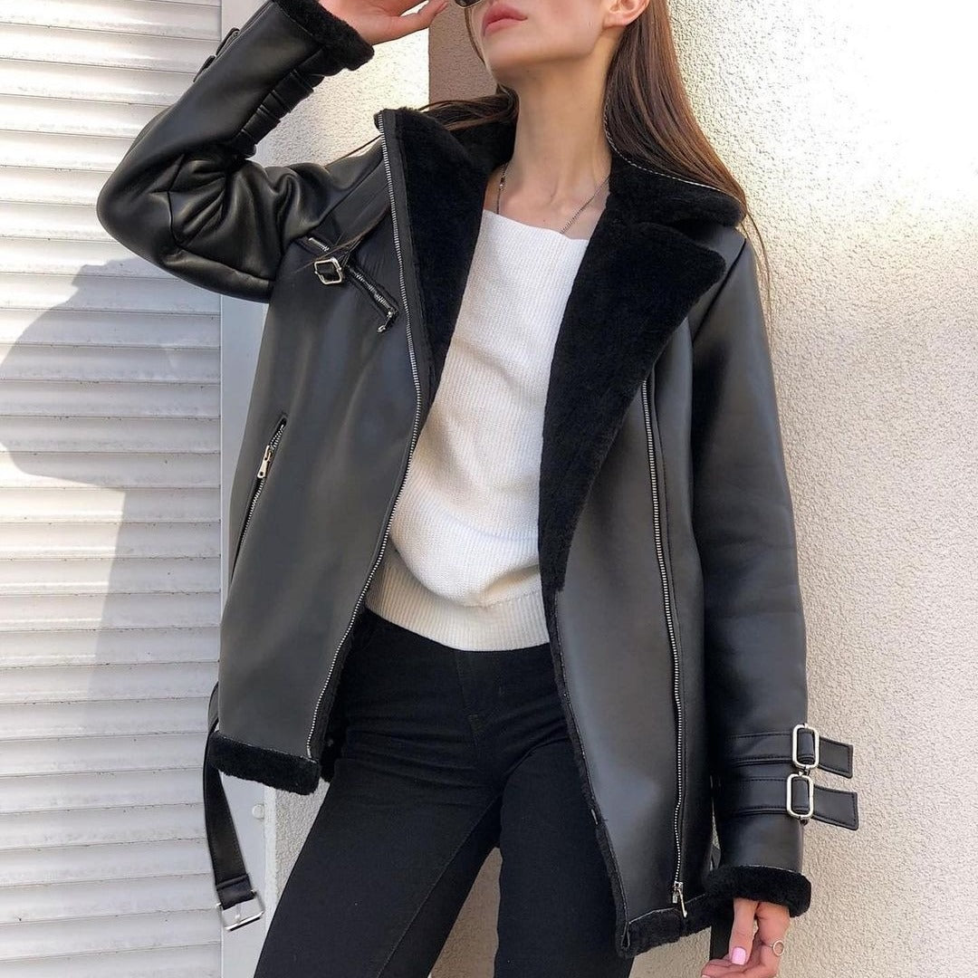Damska oversize imitacja skóry Pilot kurtka z Teddy Fur Lining i Buckles Lumaza