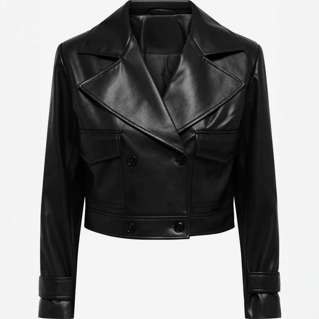 Damska krótka dwurzędna leather kurtka z wide lapels Lumaza