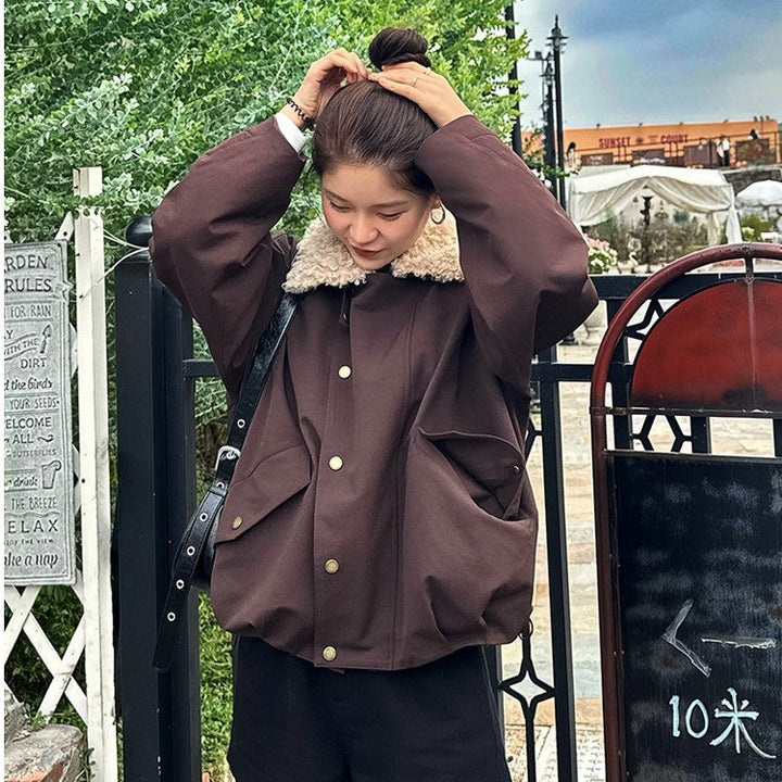 Damska krótka oversize boxy kurtka z Teddy kołnierzem i Snap guzikami Closure Lumaza