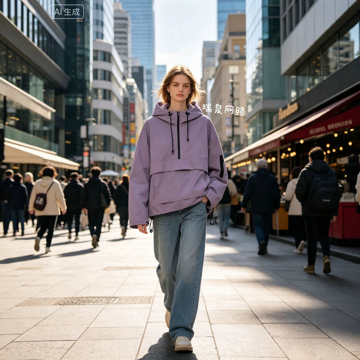 Damska wodoodporna oversize Anorak z kapturem, Half zamkiem błyskawicznym i Kangaroo Pocket Lumaza
