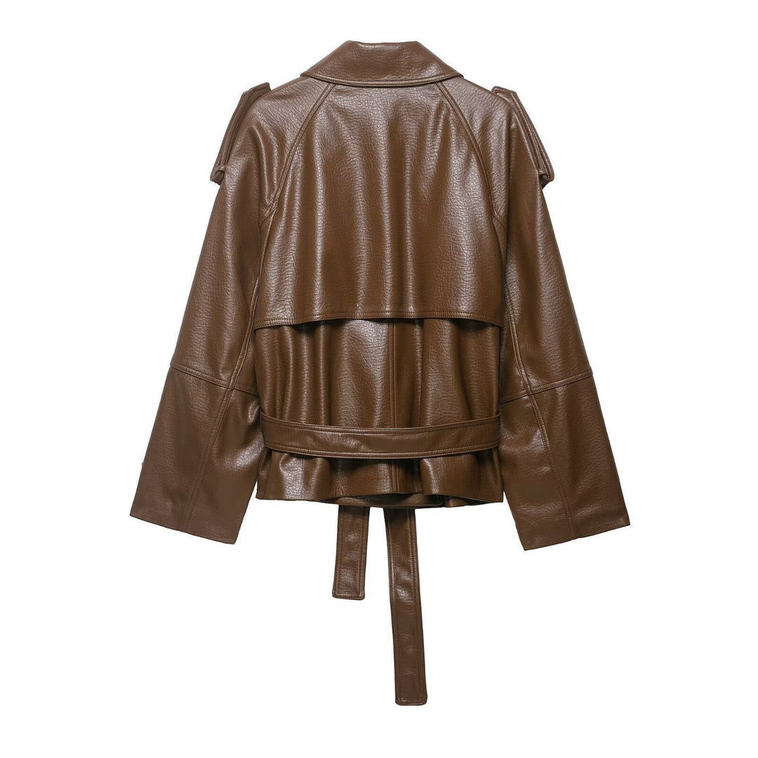 Damska leather trencz z paskiem, na ramiona flaps i oversize kołnierzem Lumaza