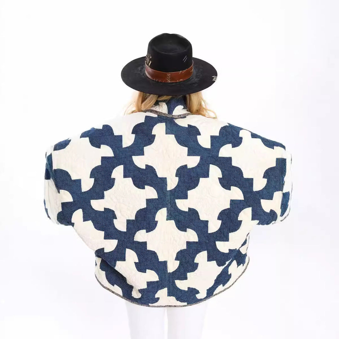 Damska pikowana oversize kurtka z Patchwork Pattern i Wide kimono rękawami Lumaza