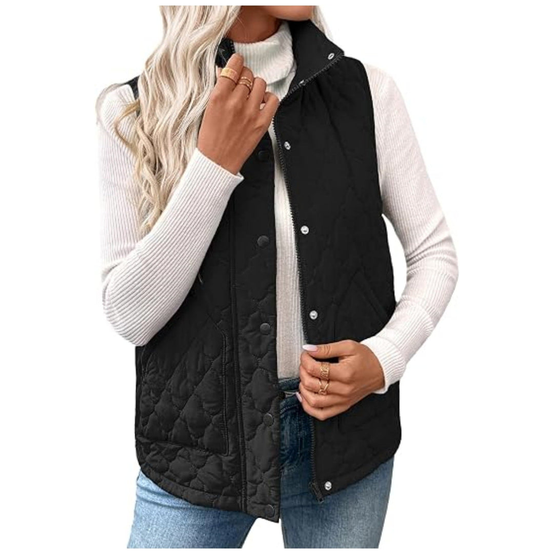 Damska pikowana stójka kołnierzem kamizelka z zamkiem błyskawicznym i snap guzikami Lumaza