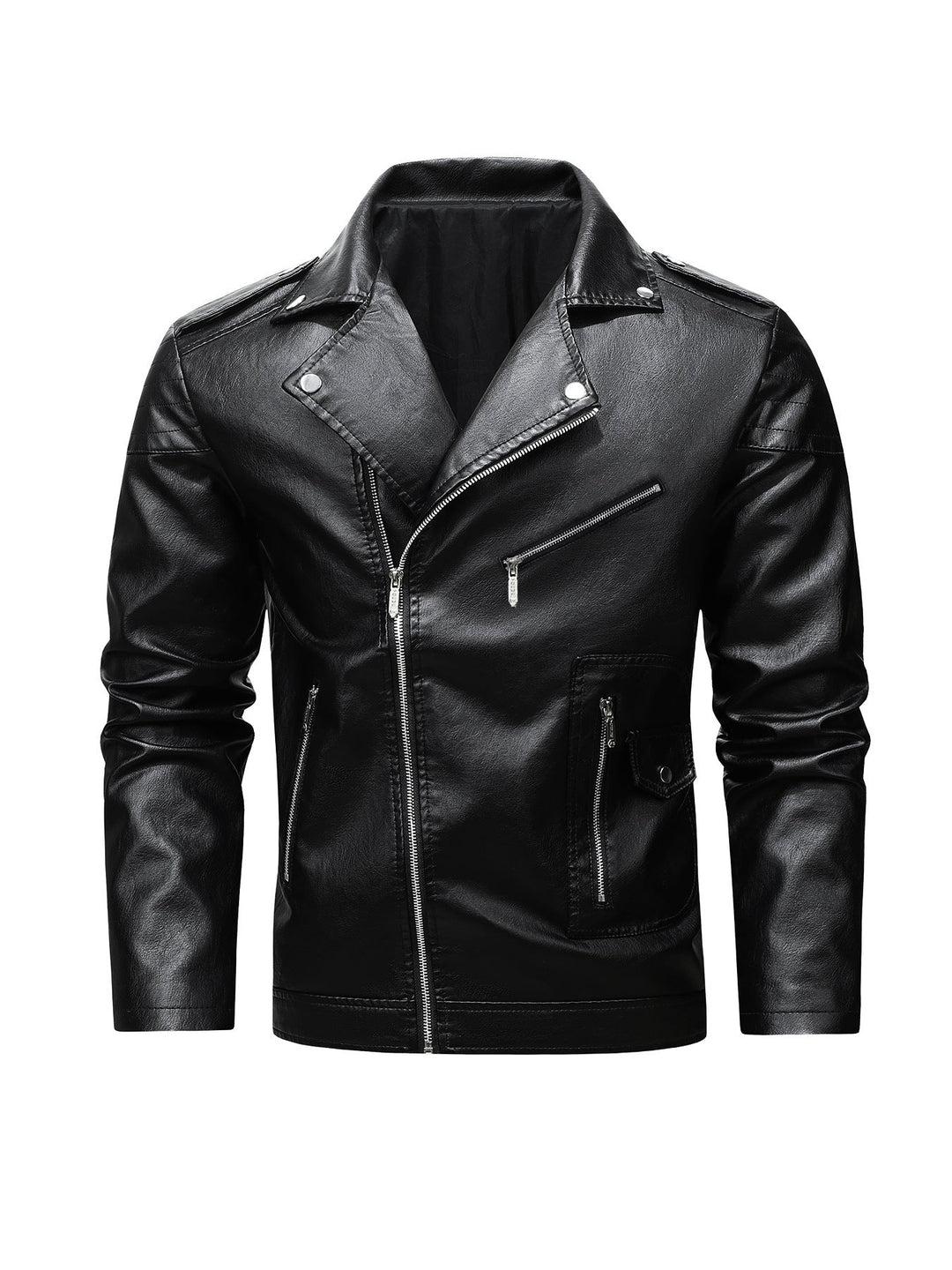 Męski biker kurtka wykonany z syntetyczna skóra z asymmetrical zamek i pikowany ramienny section