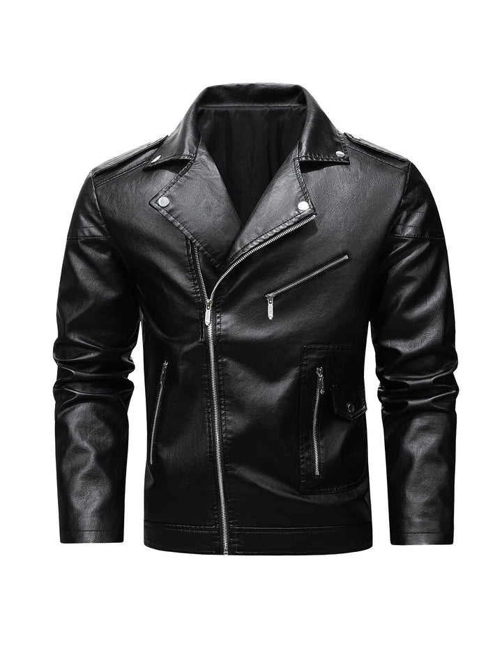 Męski biker kurtka wykonany z syntetyczna skóra z asymmetrical zamek i pikowany ramienny section
