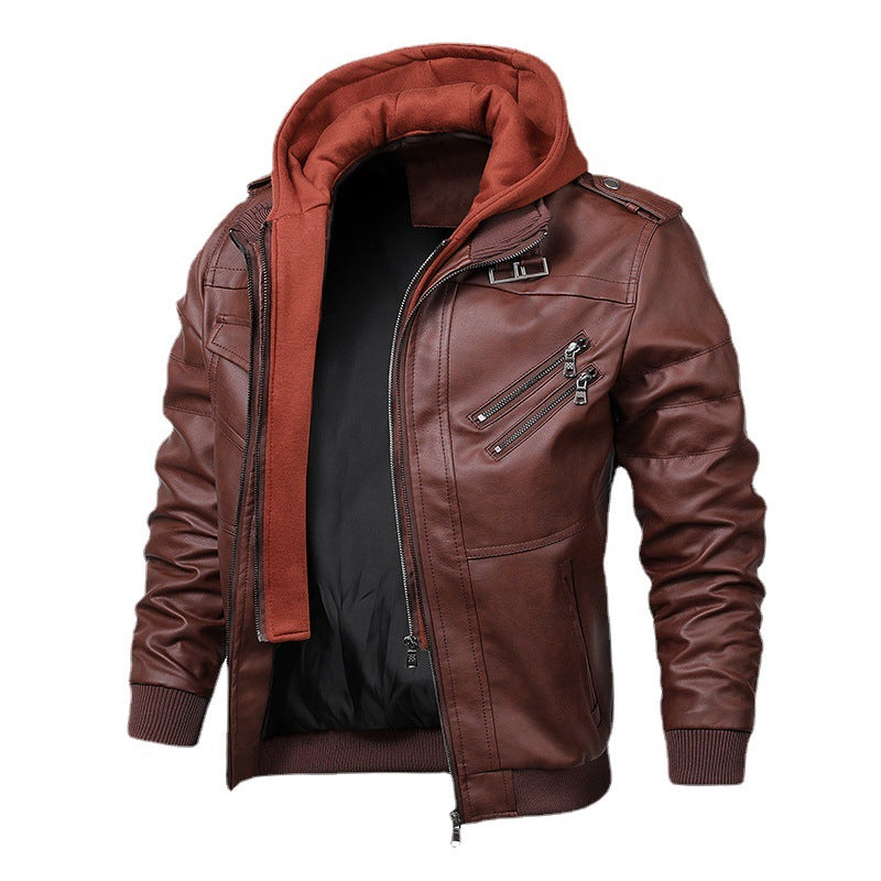 Męski imitacja skóry flight kurtka z integrated kaptur layer, zippered kieszeń na piersi, i prążkowane mankiety
