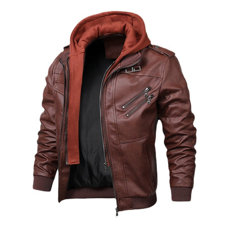 Męski imitacja skóry flight kurtka z integrated kaptur layer, zippered kieszeń na piersi, i prążkowane mankiety