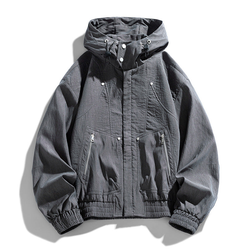 Męski Oversize Płótno Utility Hoodie Kurtka z Hidden Snap Guzik Placket i Kieszenie na zamek