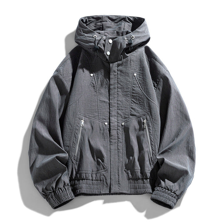 Męski Oversize Płótno Utility Hoodie Kurtka z Hidden Snap Guzik Placket i Kieszenie na zamek
