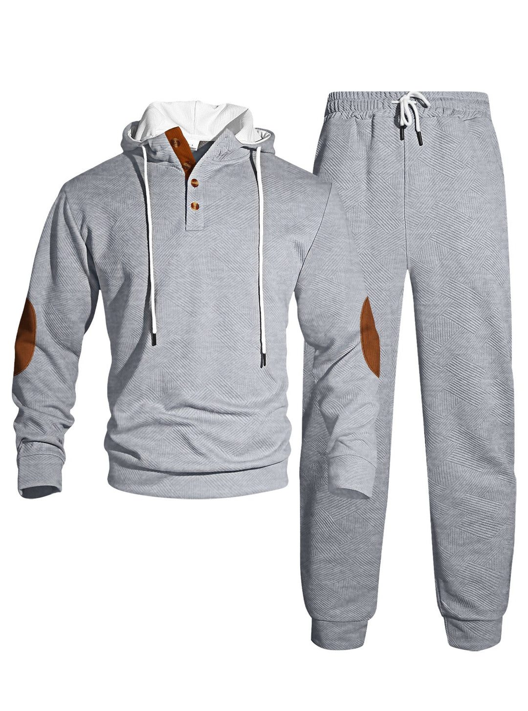 Męska waffle structure Henley bluza z kapturem set z wooden Listwa guzikowa elbow patches i tapered joggery