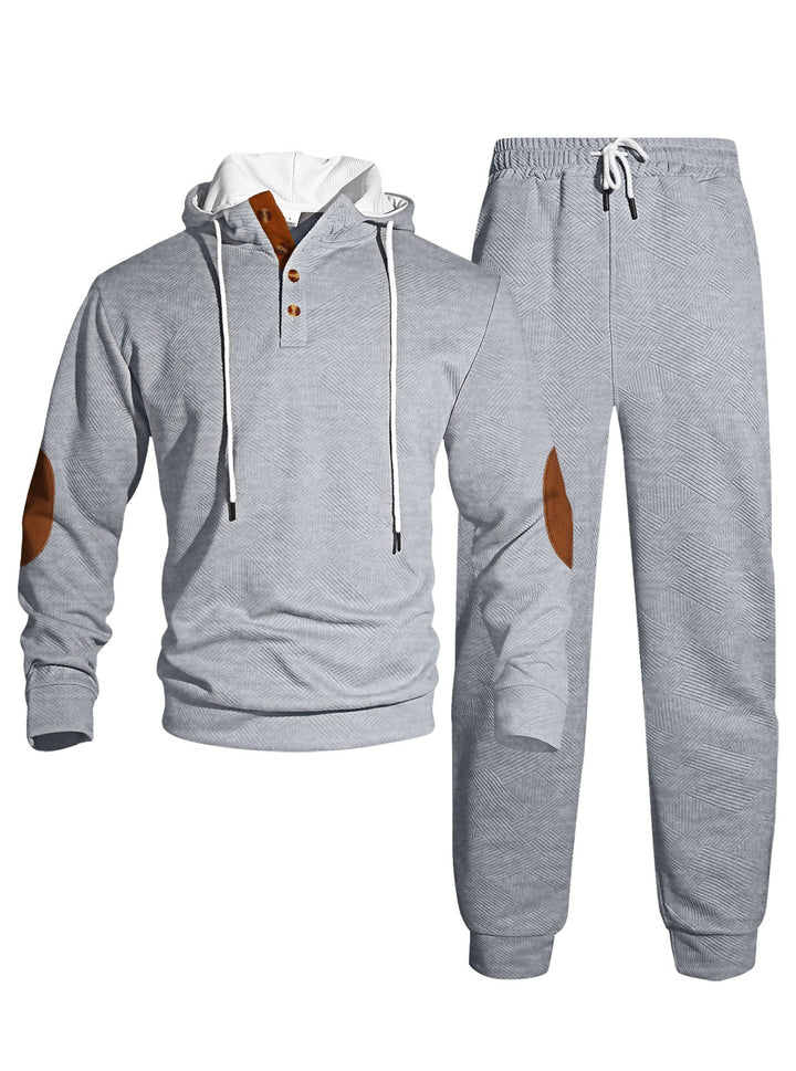 Męska waffle structure Henley bluza z kapturem set z wooden Listwa guzikowa elbow patches i tapered joggery