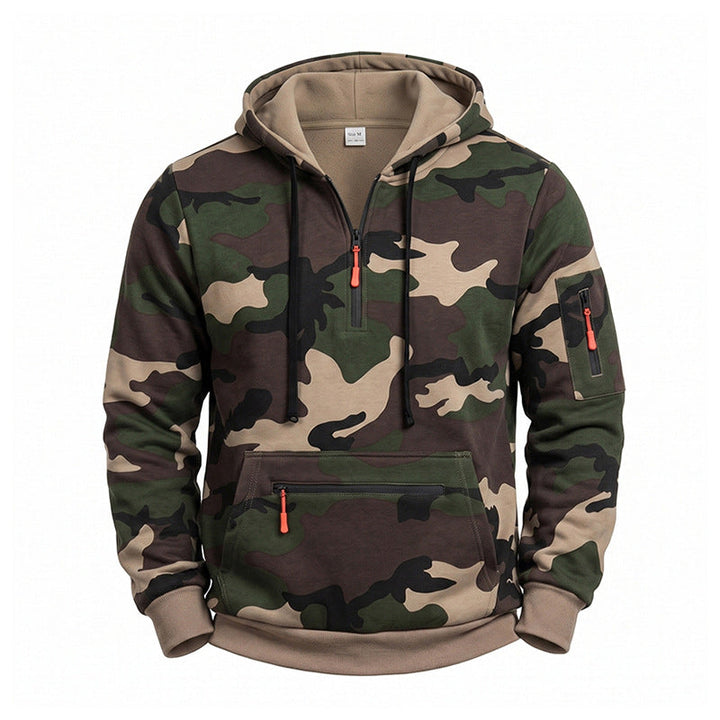 Męska Z kapturem Bluza Camouflage z Polar Podszewka, Half Zamek i Kieszenie na zamek