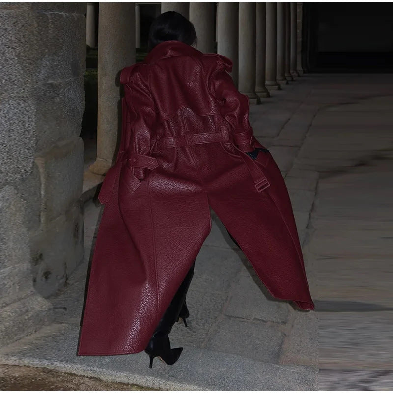 Damska oversize imitacja skóra Trench płaszcz z wysoki kołnierzem i Removable Belt