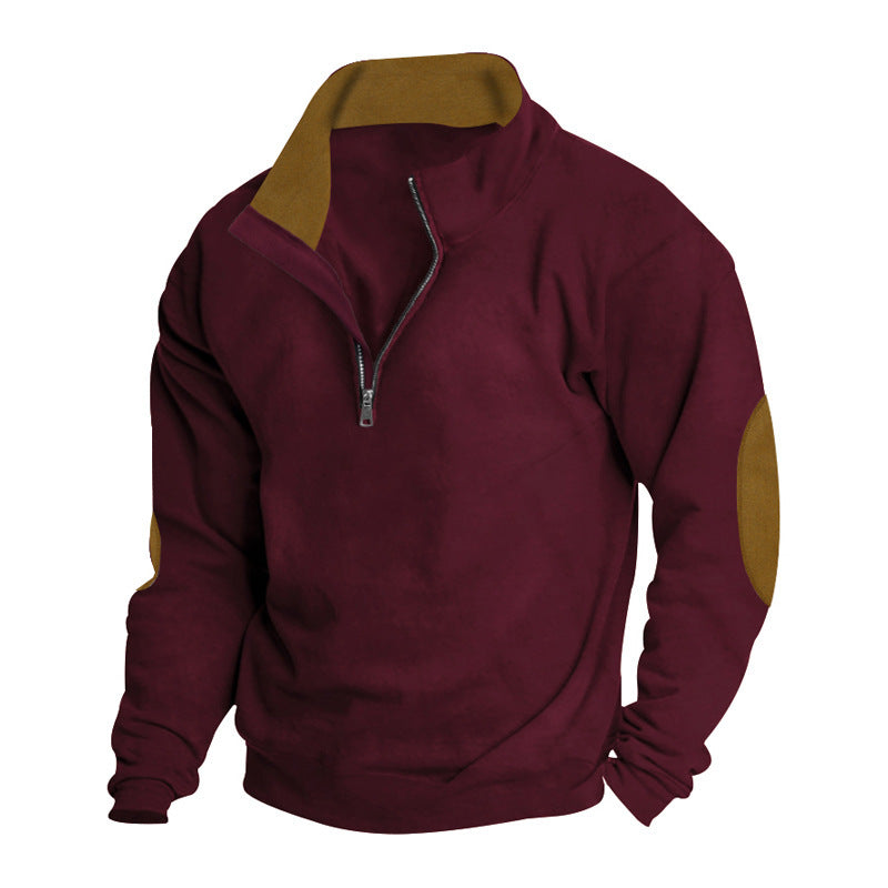 Męska krótka zamek stójka sweter z kontrastowy Kołnierz i zamsz elbow patches