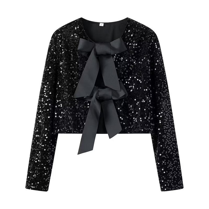 Damska krótka Sequin kurtka z Decorative Bows, Round Neckline i długa rękawami Lumaza