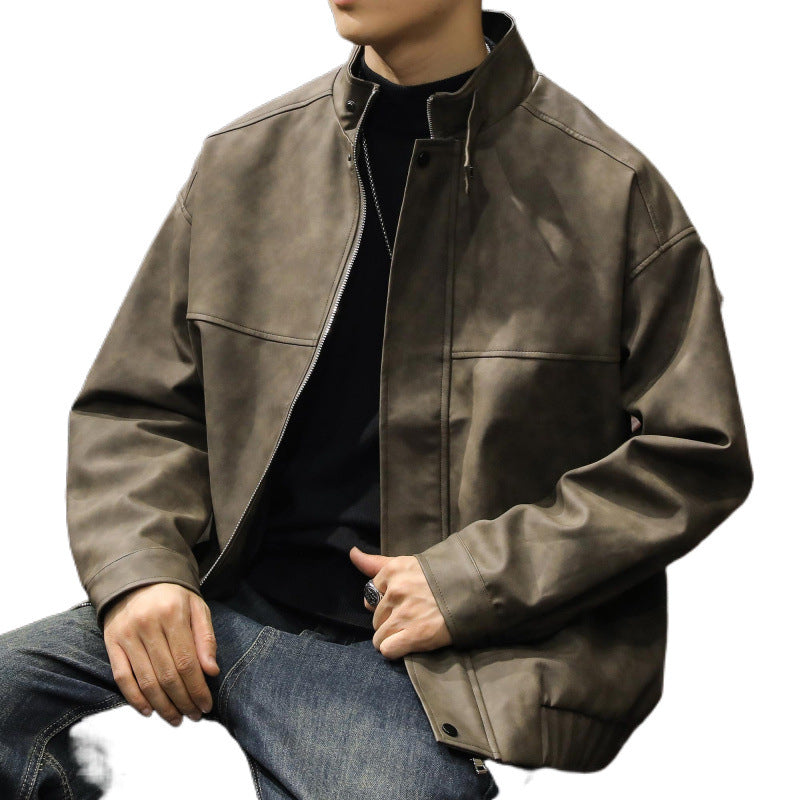 Męski Boxy Leather-Look Blouson z ukryty zamek placket, stójka, i elastic waistband