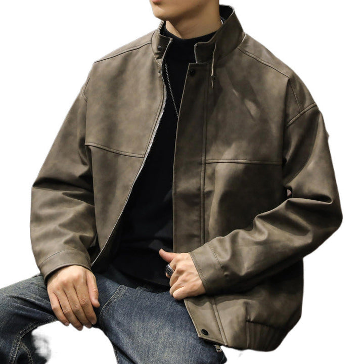 Męski Boxy Leather-Look Blouson z ukryty zamek placket, stójka, i elastic waistband