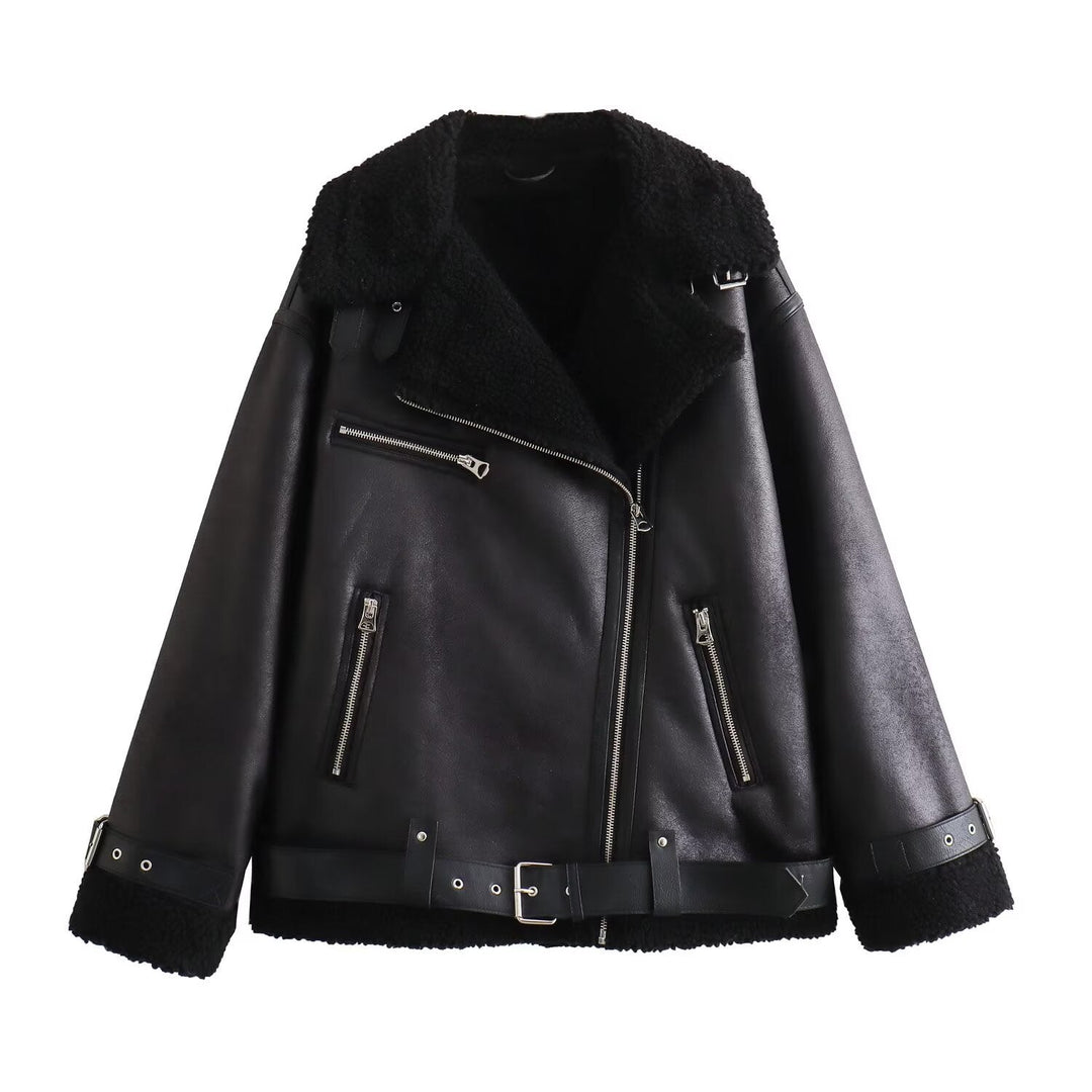 Damska aviator kurtka in biker styl z teddy lining, imitacja skóry trim i waist paskiem Lumaza