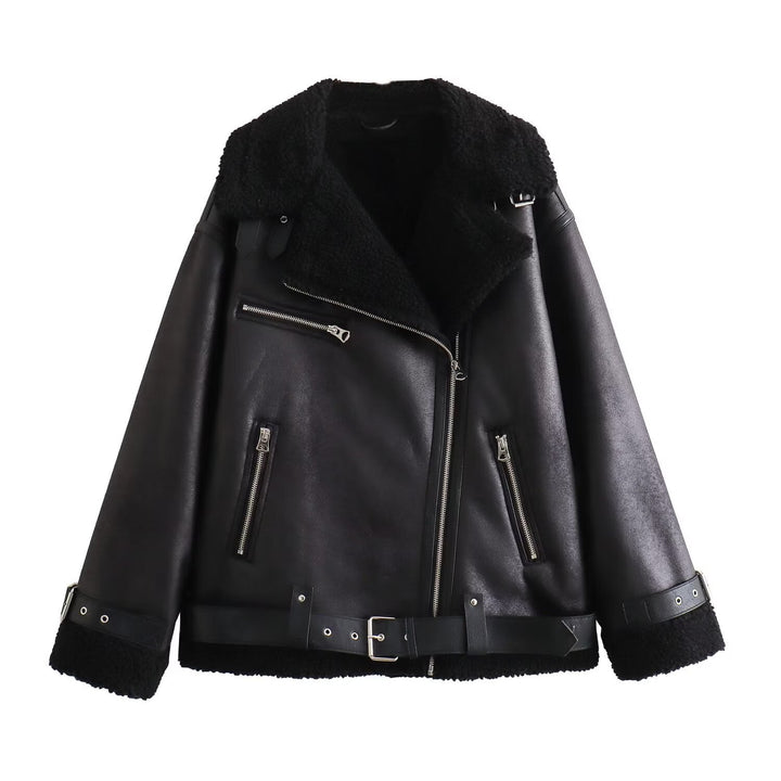 Damska aviator kurtka in biker styl z teddy lining, imitacja skóry trim i waist paskiem Lumaza