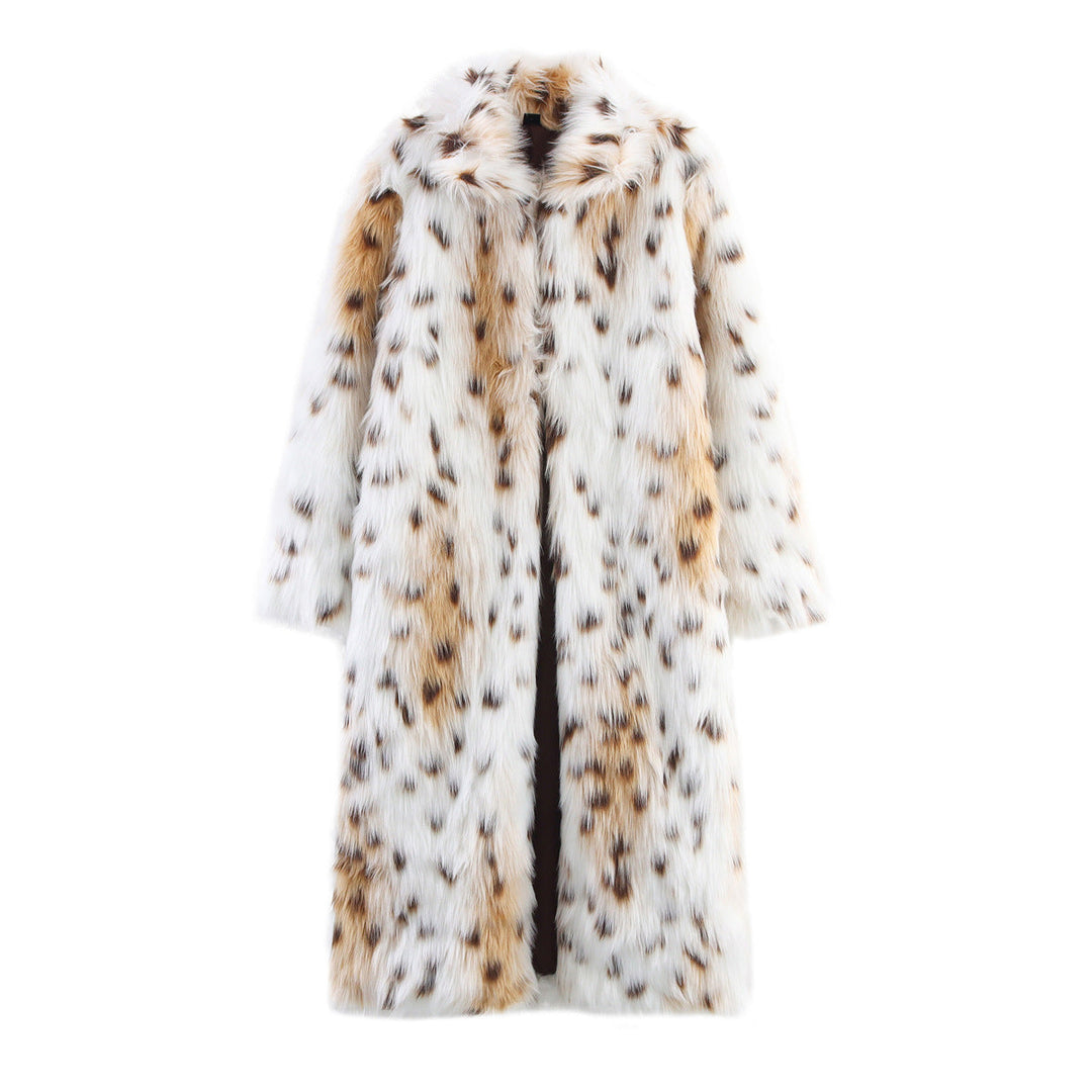Damska Długa Oversize Sztuczne futro Płaszcz z Spotted Wildcat Print i Stójka