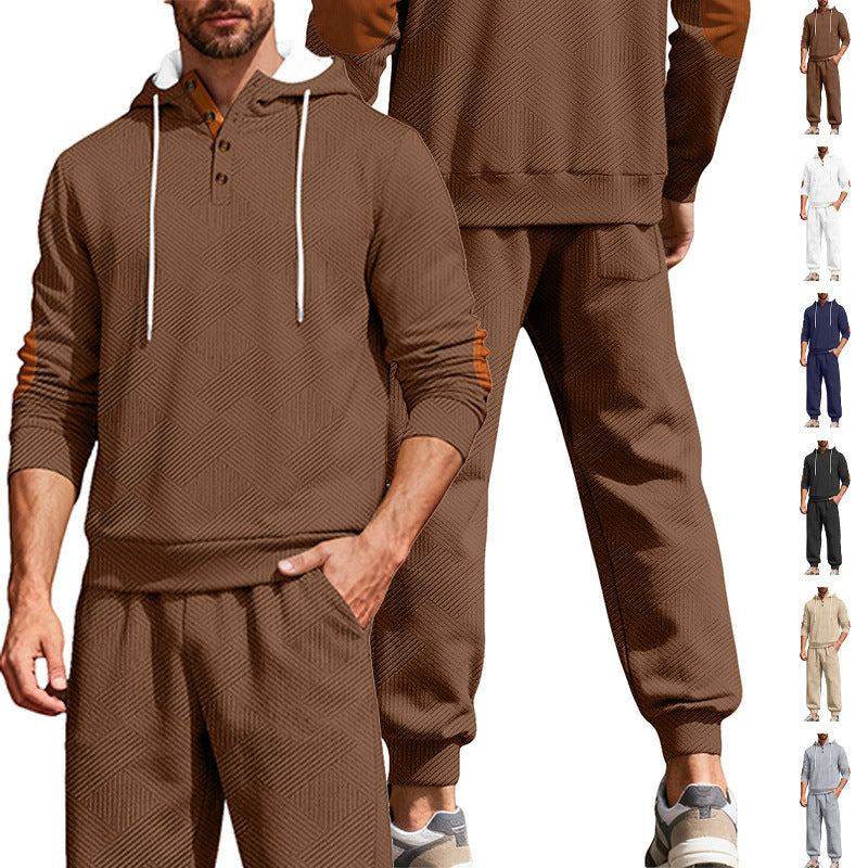 Męska textured bluza z kapturem jogging set z Henley Listwa guzikowa i kontrastowy elbow patches