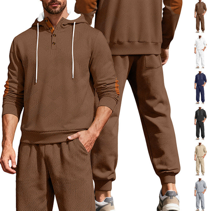 Męska textured bluza z kapturem jogging set z Henley Listwa guzikowa i kontrastowy elbow patches