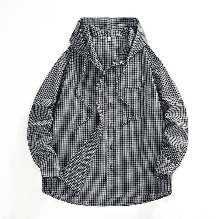 Męski Oversized W kratę Koszula z Kaptur, Drawstring &amp; Ukryty Guzik Placket