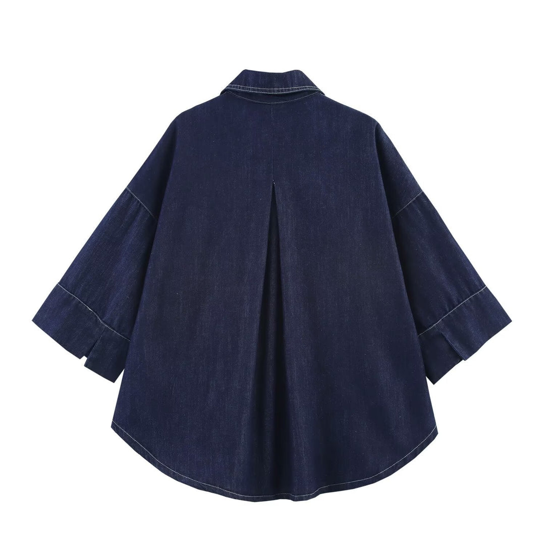 Damska Oversize Denim Kurtka koszulowa z Three-Quarter Rękawy i High-Low Dół