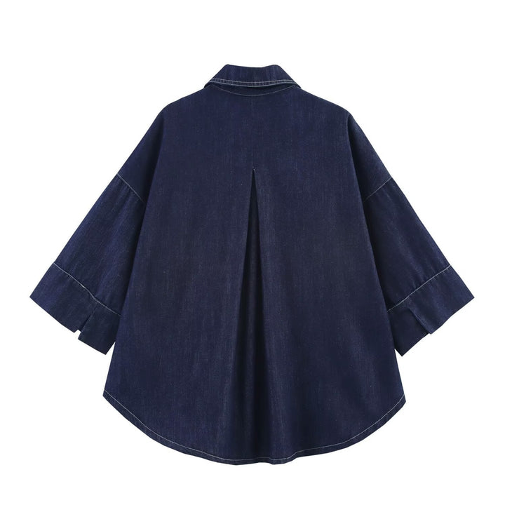Damska Oversize Denim Kurtka koszulowa z Three-Quarter Rękawy i High-Low Dół