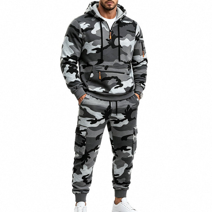 Męska Camouflage Bluza z kapturem Bluza i Jogging Spodnie Set z Cargo Kieszenie i Zippers