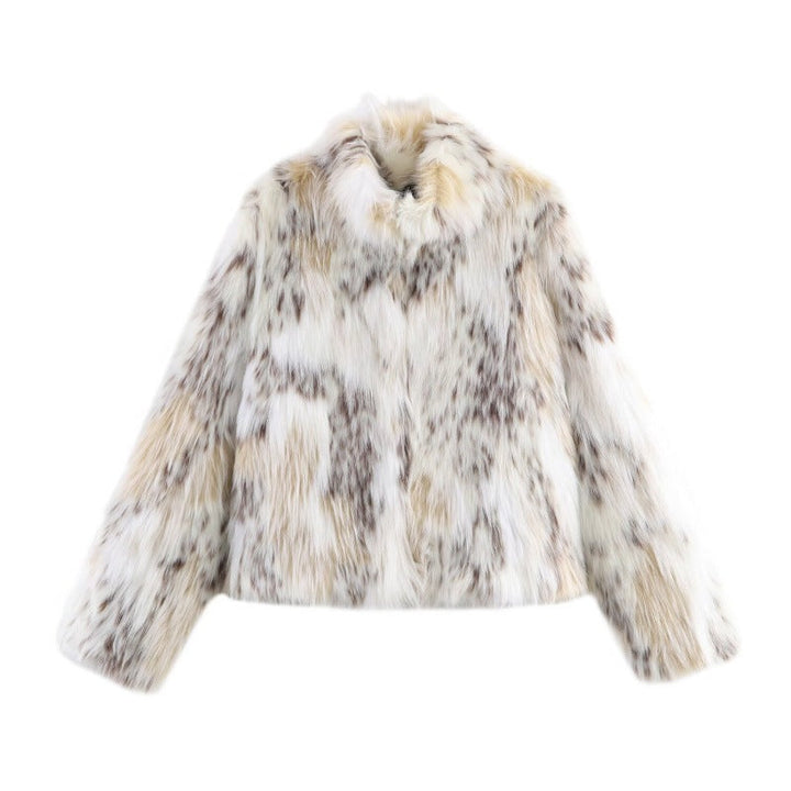 Damska krótka Faux Fur kurtka z stójka kołnierzem i Voluminous Faux Fur Lumaza