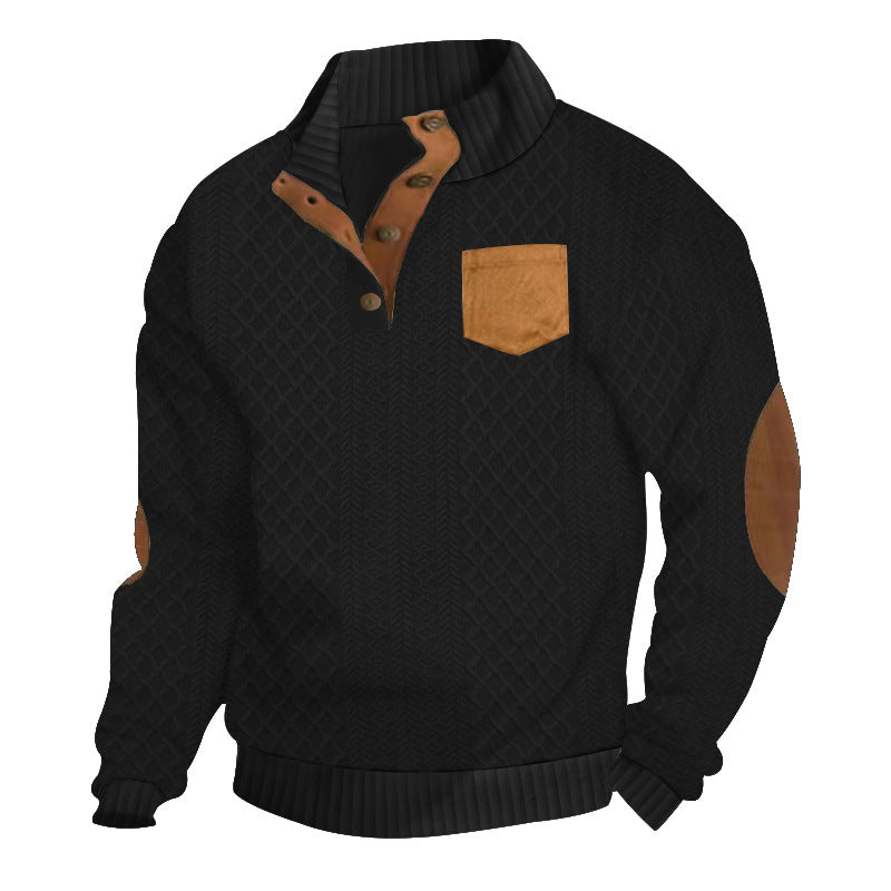 Męska Strukturalny Cable Dzianina Bluza z Half Listwa guzikowa, Imitacja skóry Patch Kieszeń &amp; Elbow Patches